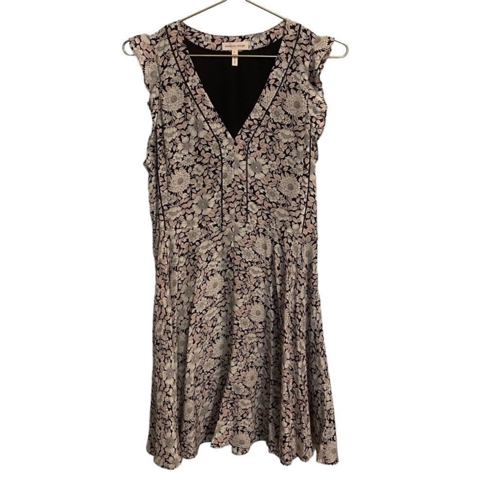 Rebecca Taylor Floral Black Pink Lindsay V Neck Silk Dress Size 6